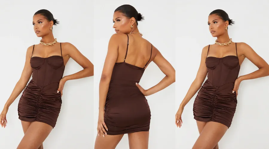 Chocolate satin strappy corset detail ruched skirt bodycon dress