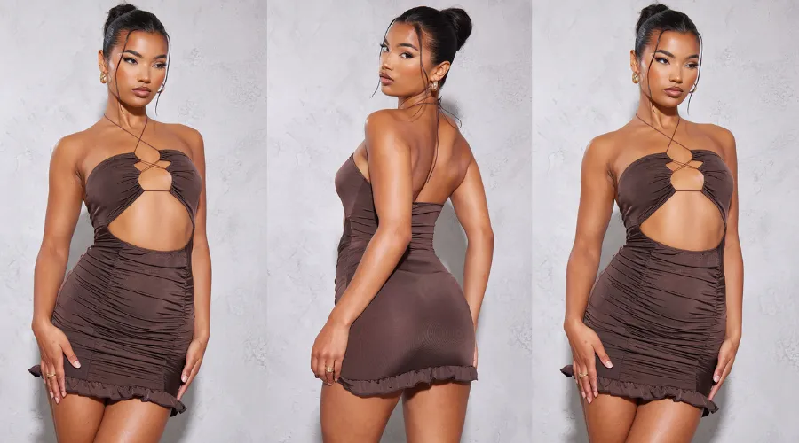 Chocolate slinky cut out ruched frill hem bodycon dress