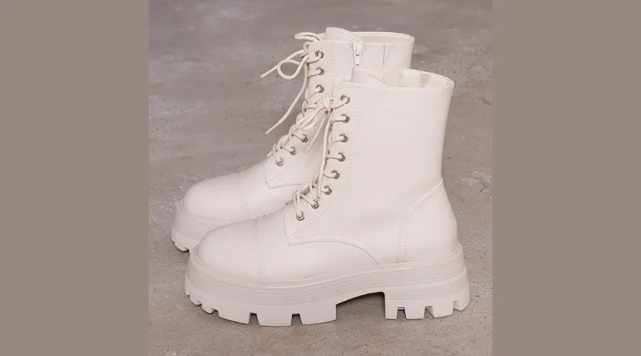 Cream Lace up Chunky Sole Hiker Boots