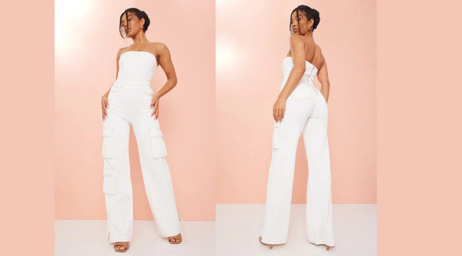 Ecru Contrast Stitch Cargo Pocket Bandeau Denim Jumpsuit