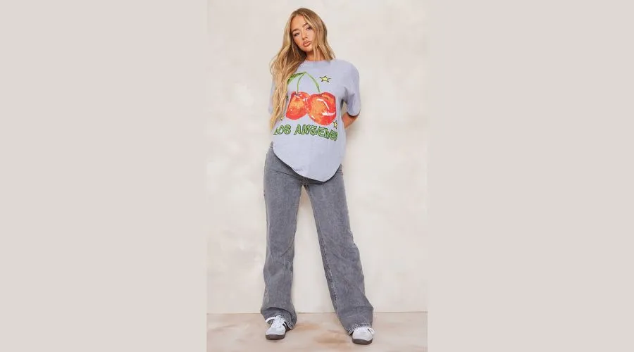 Grey Marl Los Angeles Cherry Print Oversized T-Shirt