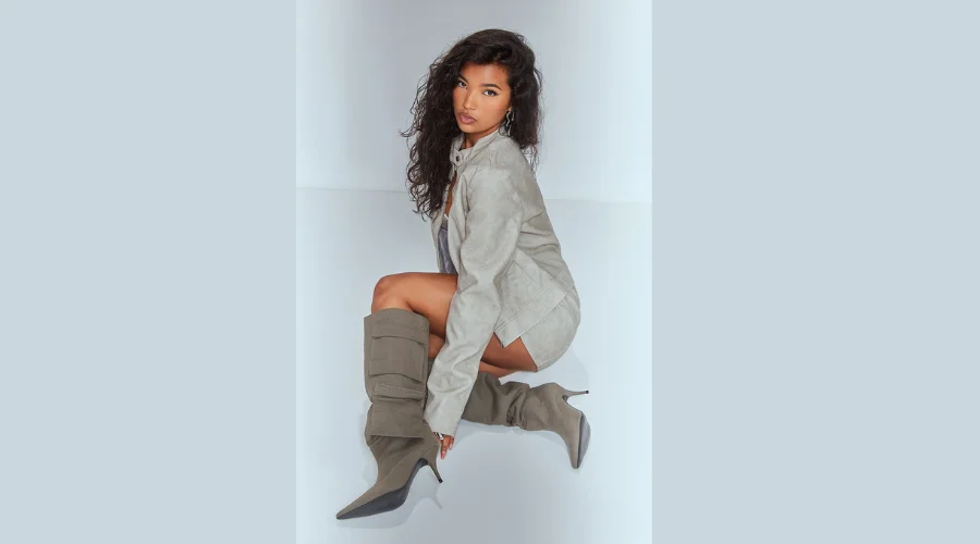 Khaki Wide Fit Denim Point Toe Low Heeled Knee Boots