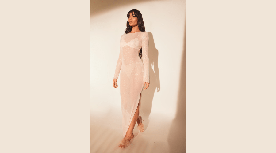 Nude Sheer Glitter Mesh Long Sleeve Maxi Dress