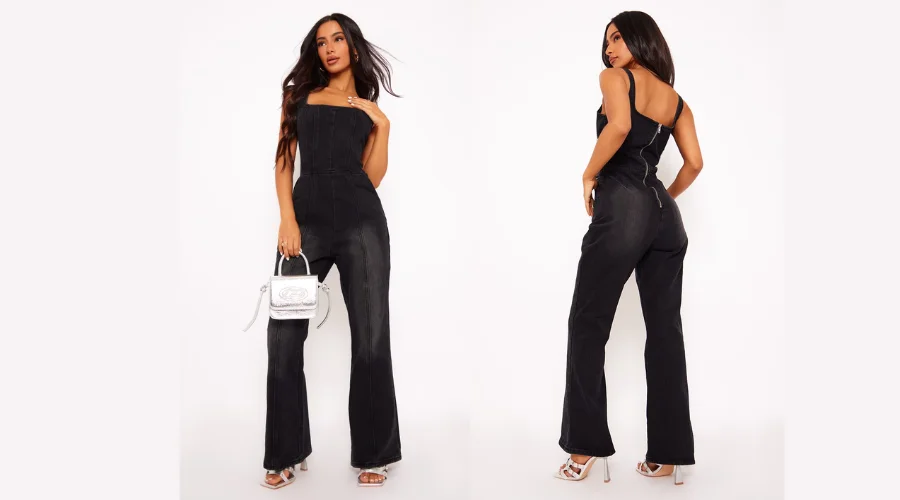 Petite Washed Black Seam Detail Bodice Flared Denim Jumpsuit