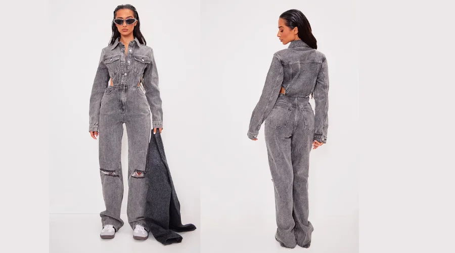 Petite Washed Grey Denim Cut-Out Jumpsuit