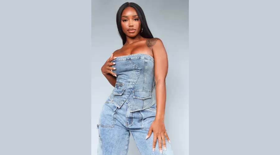 Shape Vintage Wash Denim Zip Detail Bandeau Corset