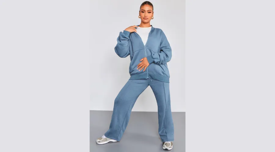 Steel Blue Oversized Pintuck Wide Leg Track Pants and Bomber Jacket