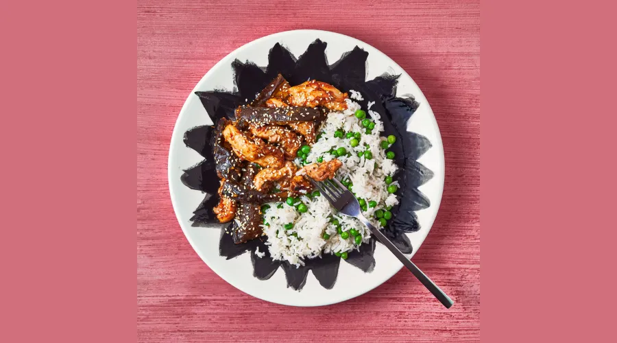 Sticky Chicken Breast & Aubergine Stir Fry With Pea Rice