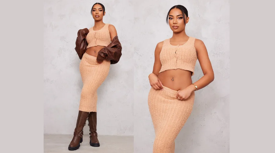 Tall Tan Fluffy Knit Button Detail Vest