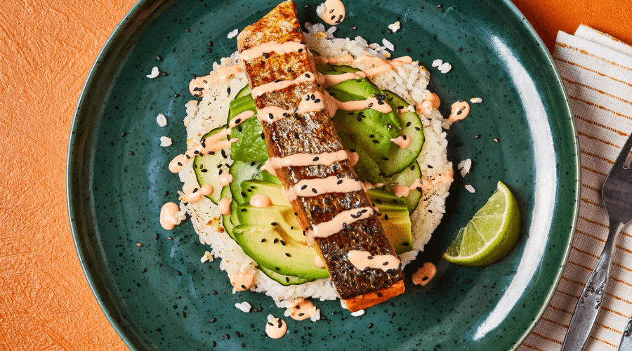 Tamari Salmon With Crispy Fried Rice, Avocado & Sriracha Mayo