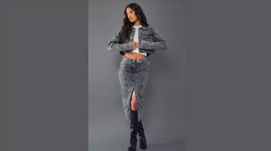 Tall Washed Grey Front Split Denim Maxi Skirt