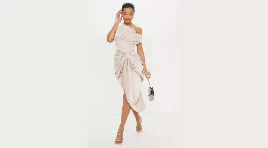 Champagne Satin Off The Shoulder Skirt Midi Dress