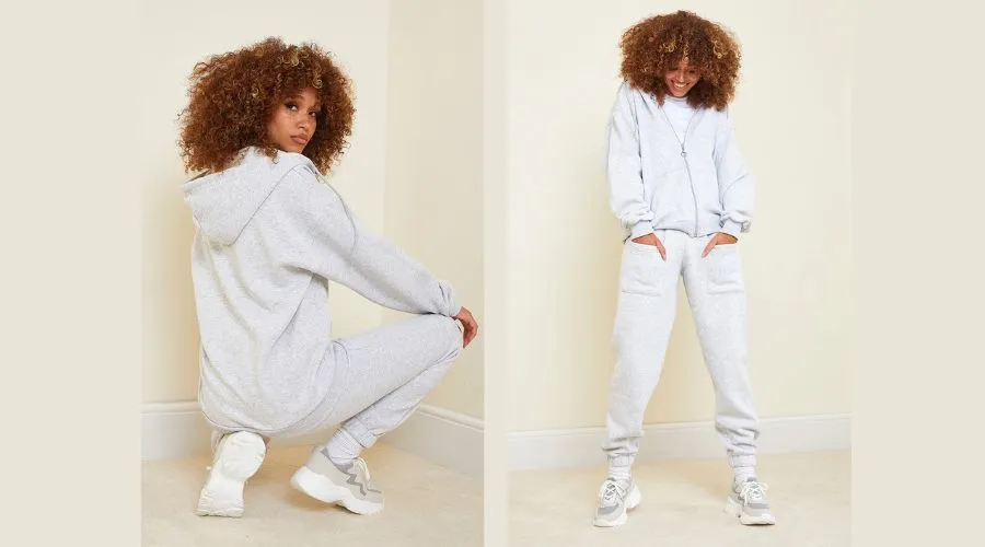 Ash Grey Oversized Pocket Front Zip Up Hoodie