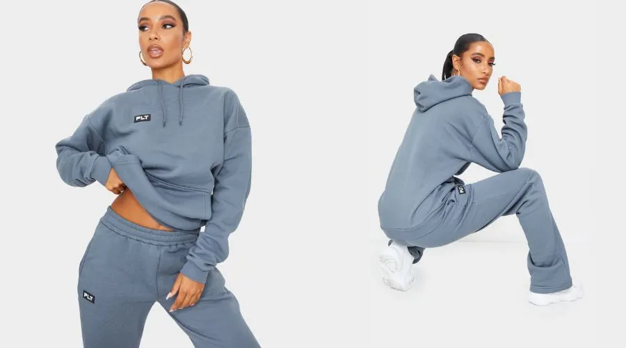 Prettylittlething Logo Charcoal Grey Badge Detail Oversized Hoodie