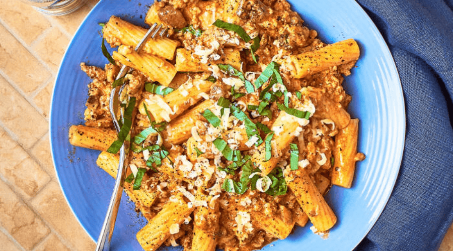 Creamy Pork & Mushroom Tortiglioni With Basil