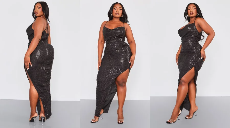 Plus Size Sequin Cowl Neck Thigh Slit Maxi Dress