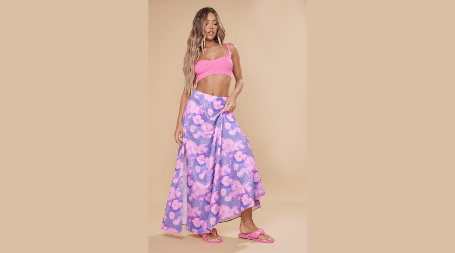 Purple Blurred Floral Print Woven Maxi Skirt
