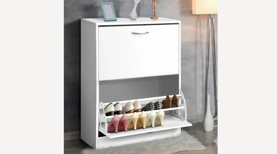 Shoe Rack 2 Doors, Double Shelves in Melamine 60x24x83cm White Color