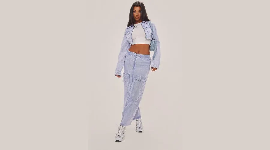 Washed Blue Cargo Pocket Zip Front Midi