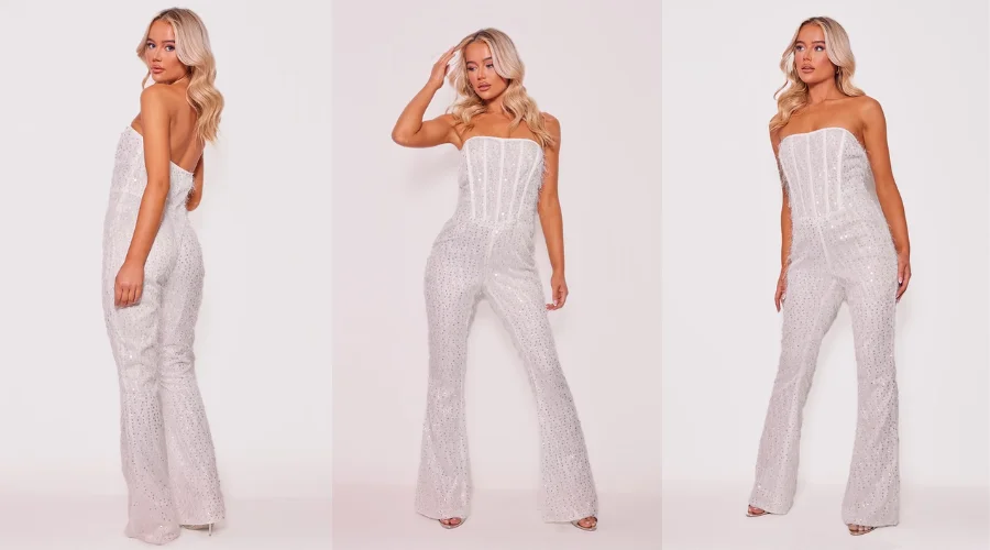 White Textured Sequin Corset Bandeau Jumpsuit