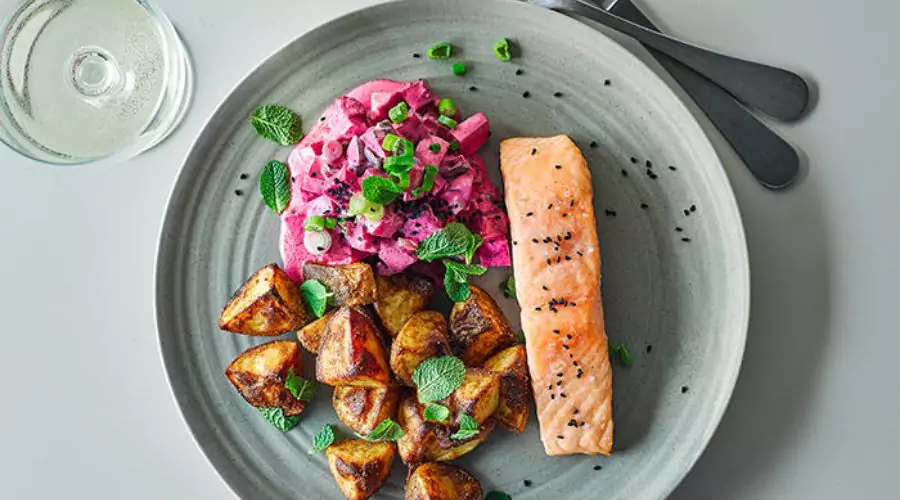 Salmon, Spicy Potatoes & Beetroot Raita 
