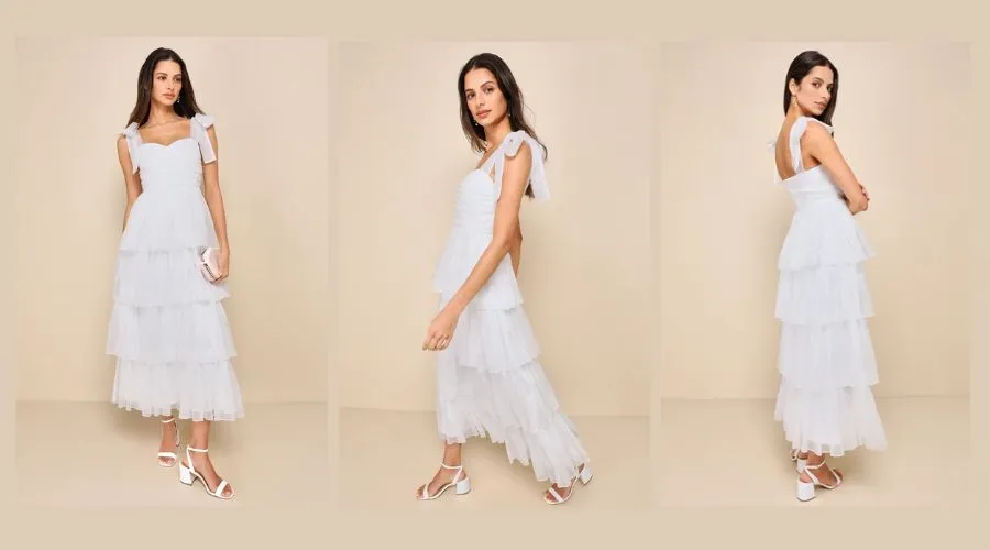 Tiered tie strap maxi dress with radiant arrival shiny white organza