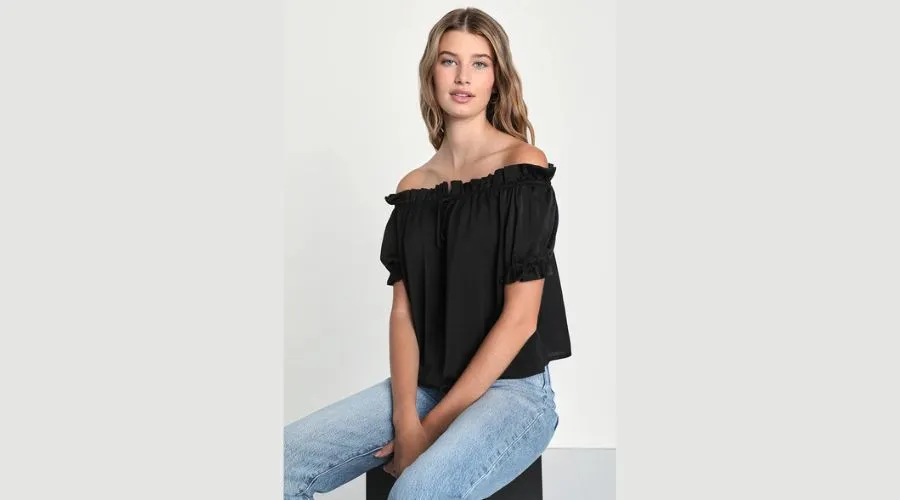 Black Satin Puff Sleeve Off-the-Shoulder Top