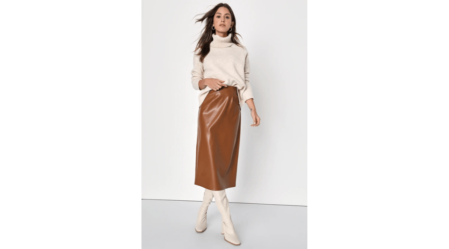 Bold Sophistication Brown Vegan Leather High-Rise Midi Skirt