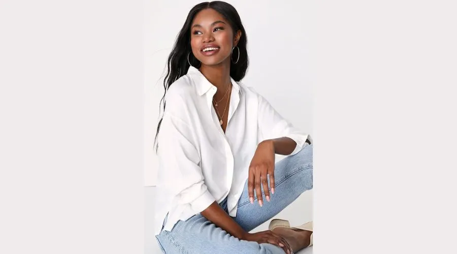 Casual Elegance White Long Sleeve Button-Up Top