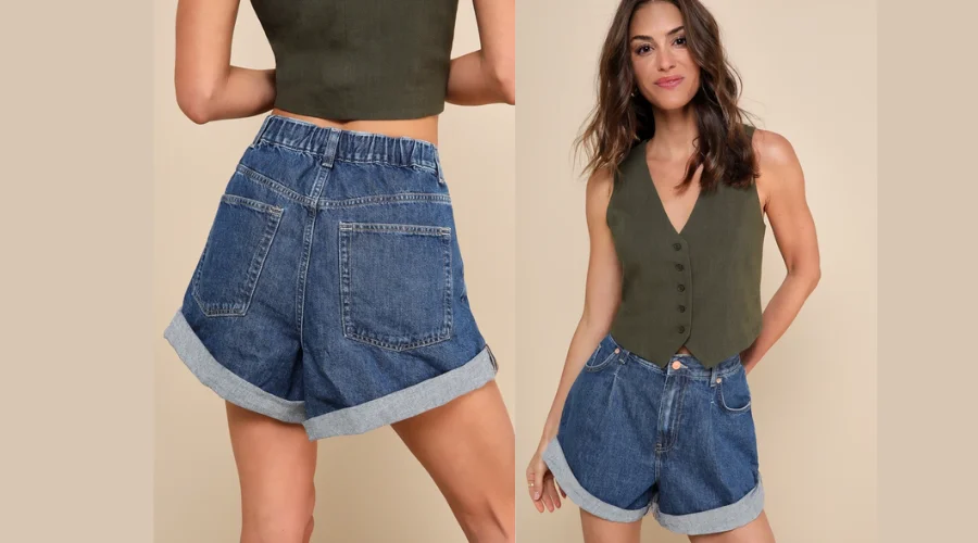 Dark Wash High-Rise Baggy Pleated Denim Shorts
