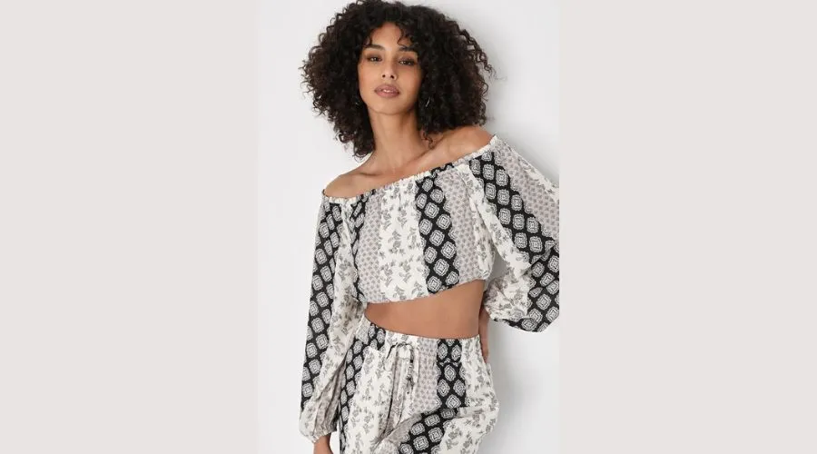 Eccentric Essence Ivory Multi Boho Print Off-the-Shoulder Top