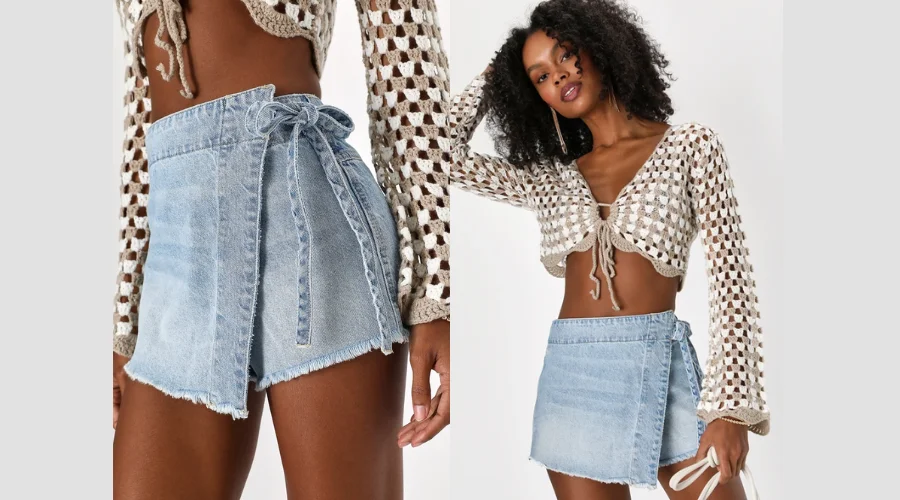 Emmy Light Wash Side-Tie Wrap Denim Skort