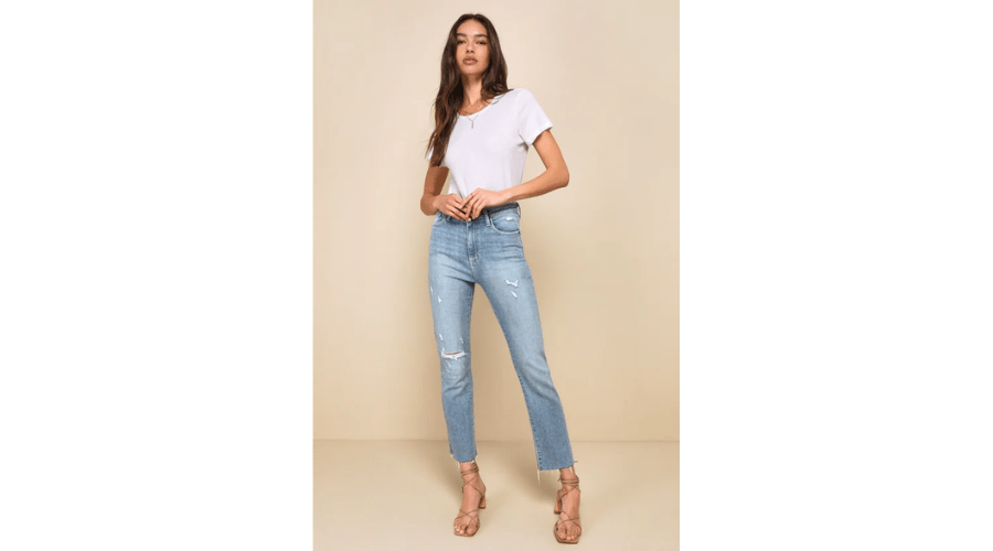 Extra Trendy Distressed Light Wash High-Waisted Slim Leg Jeans 