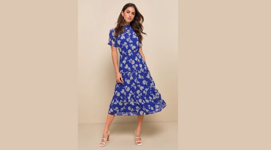 Floral Dressed Up Royal Blue Floral Print Midi Dress