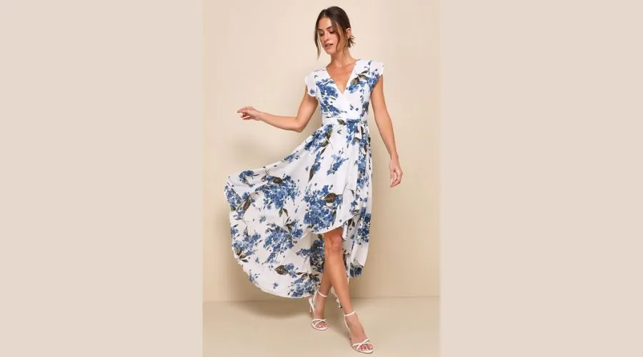 French Countryside White Floral Print High-Low Dress