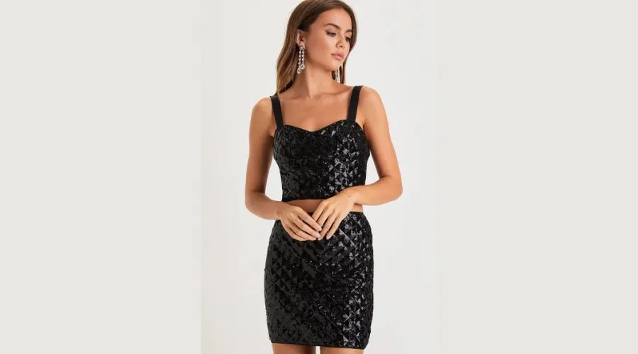 Got ya Glittering Black Sequin Two-Piece Bodycon Mini Dress