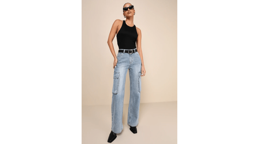 Icon Time Medium Wash Denim High-Rise Wide-Leg Cargo Jeans