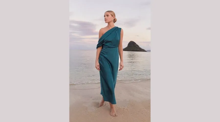 Renowned Refinement Teal Satin Asymmetrical Midi Dress