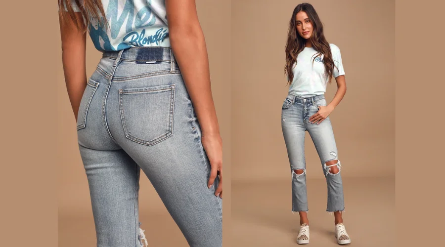 Shy Girl Light Wash Distressed High-Waisted Cropped Flare Jeans