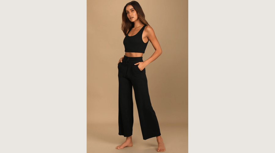 Sweet Slumber Black Ribbed Two-Piece Pajama Set | Nowandlive