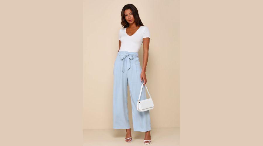Light Blue Belted High-Waisted Wide-Leg Pants