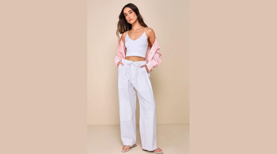 Ivory Linen Drawstring Jogger Cargo Pants