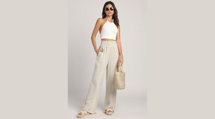 Hit the Breeze Beige Smocked Wide-Leg Pants