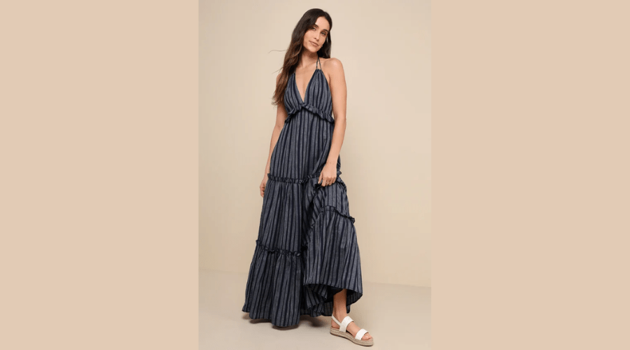 Vacay Babe Navy Blue Striped Halter Maxi Dress
