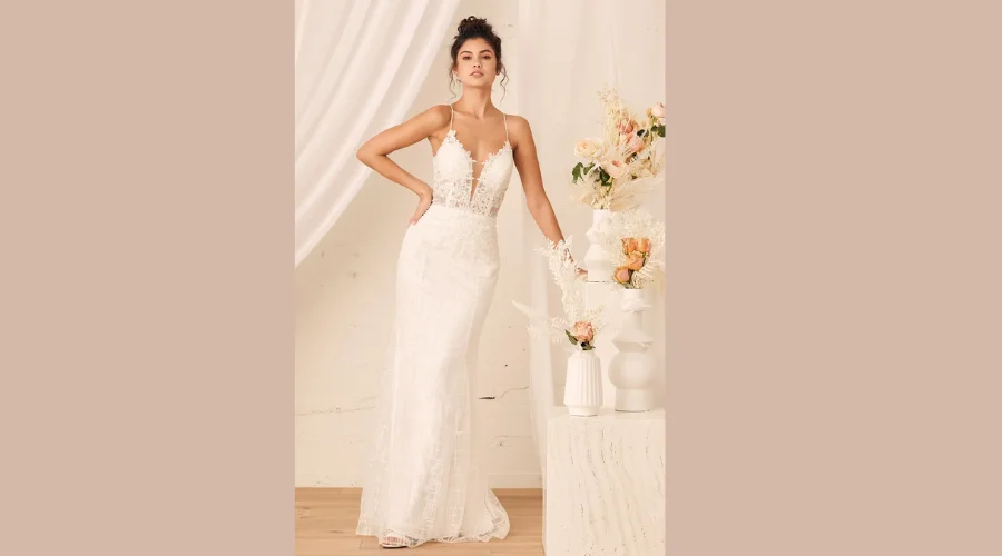 White Glitter Lace-Up Embroidered Lace Maxi Dress