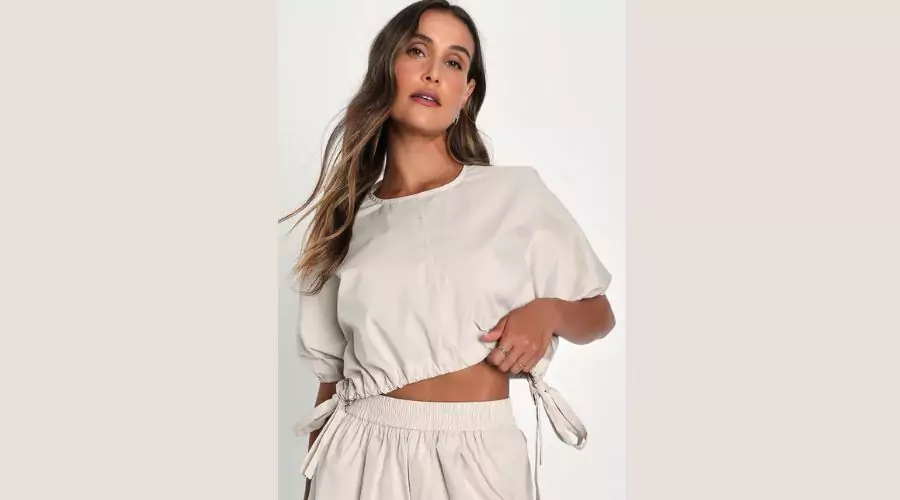 Beige Short Sleeves Drawstring Crop Top
