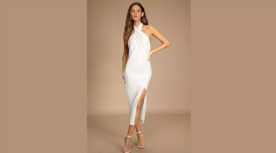 Beyond Classy White Satin Halter Midi Dress