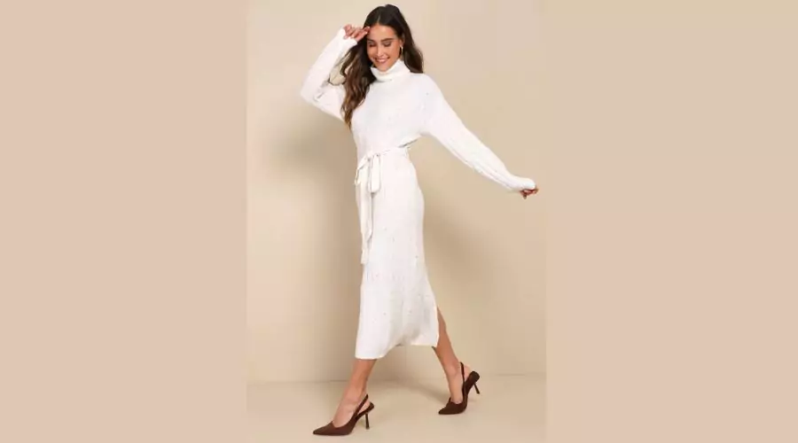 Bundled Darling White Marled Turtleneck Midi Sweater Dress