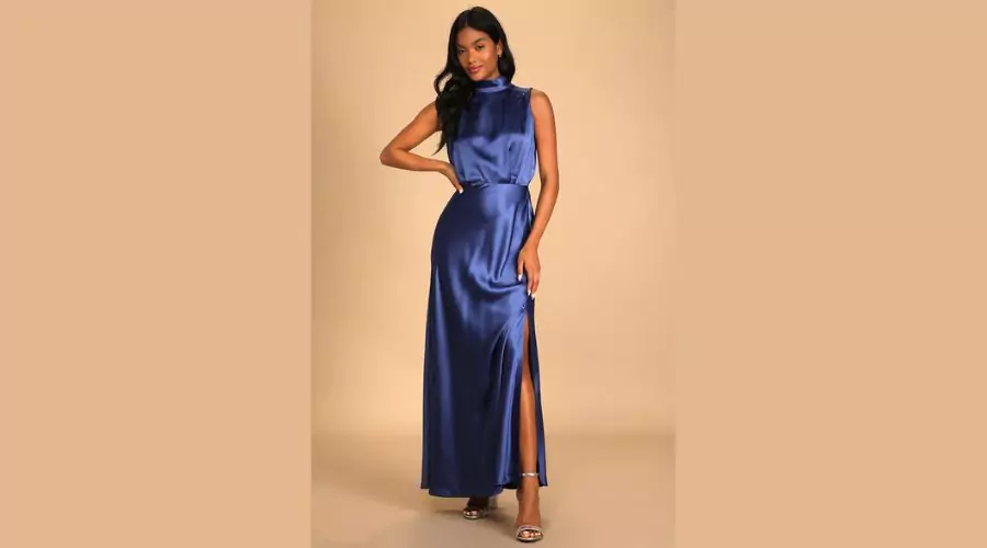 Classic Elegance Blue Satin Sleeveless Mock Neck Maxi Dress