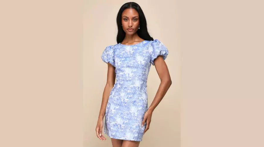 Exceptional Icon Blue Floral Jacquard Puff Sleeve Mini Dress